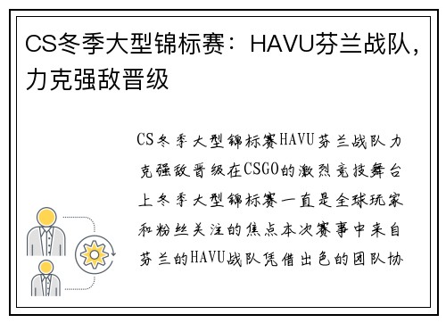 CS冬季大型锦标赛：HAVU芬兰战队，力克强敌晋级