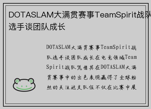 DOTASLAM大满贯赛事TeamSpirit战队选手谈团队成长
