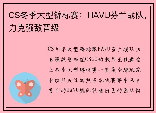 CS冬季大型锦标赛：HAVU芬兰战队，力克强敌晋级