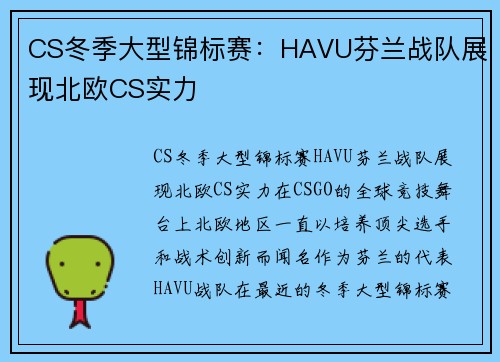 CS冬季大型锦标赛：HAVU芬兰战队展现北欧CS实力