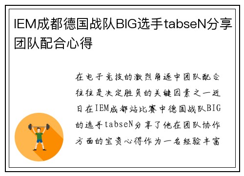IEM成都德国战队BIG选手tabseN分享团队配合心得