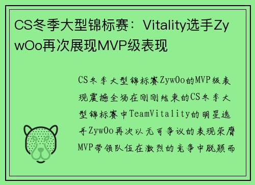 CS冬季大型锦标赛：Vitality选手ZywOo再次展现MVP级表现